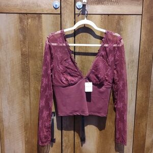Free People Burgundy Long Sleeve Top